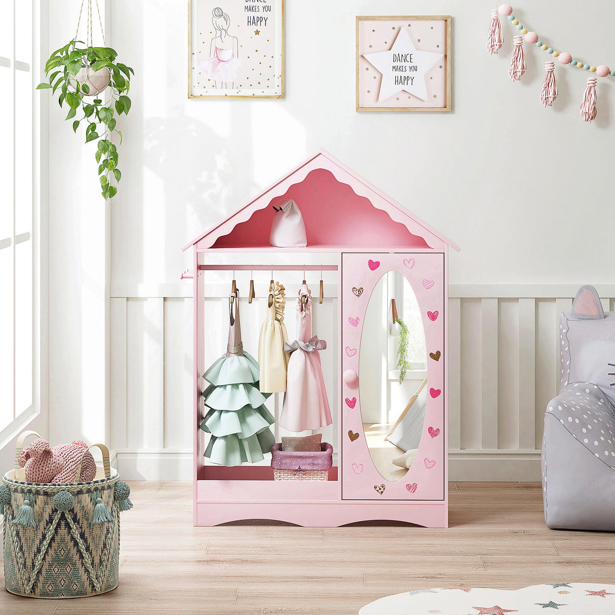 UTEX Kids Dress Up Storage with Mirror, Kids Wardrobe Closet, Dress Up Armoire for Little Girls, Open Hanging Kids Costume Organizer with Storage Cabinet for Kids Room, Playroom UTEX