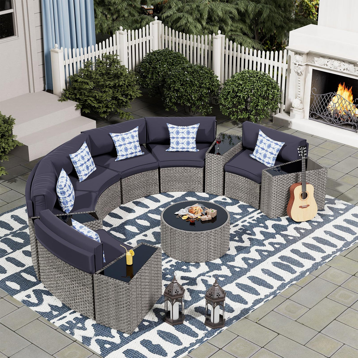 UDPATIO Patio Furniture Set Integrated Outdoor Sectional 11 Pieces Grey Rattan Modular Curved Sofa Set with Wicker Round Coffee Table,Side Table,6Pillows,Fit for Backyard,Pool,Balcony,Sunroom(Blue) UDPATIO