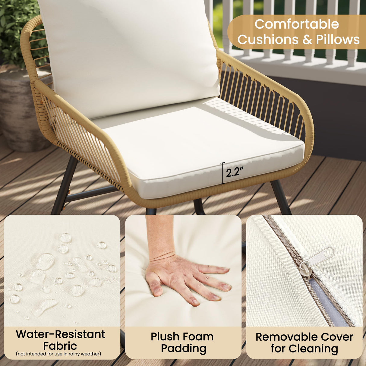 Yaheetech 3 Piece Patio Bistro Set Outdoor Wicker Bistro Furniture Sets, 2 Rattan Chairs and Glass Top Table for Patio, Balcony, Porch, Poolside, Backyard - Tan/Cream Yaheetech