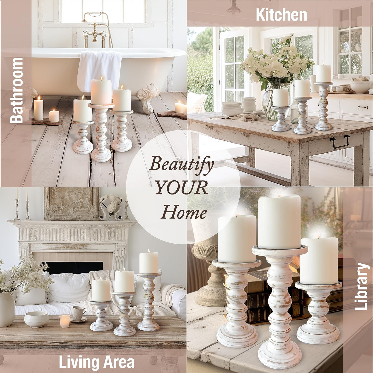 Wood Candle Holders for Pillar Candles (Set of 3) Tall Large Rustic Pillar Candlestick Stands - Fits Both 4 inch and 3 inch Wide Pillar Candles - Modern Farmhouse Decor (Antique White) My Fancy Farmhouse