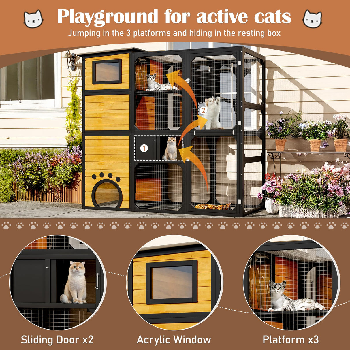 Merax Large Cat Catio 4 Tiers Cat Enclosure for Outdoor, Cat House Weatherproof Attached to Window for Multiple Cats with Platforms and Resting Rooms, Brown Merax