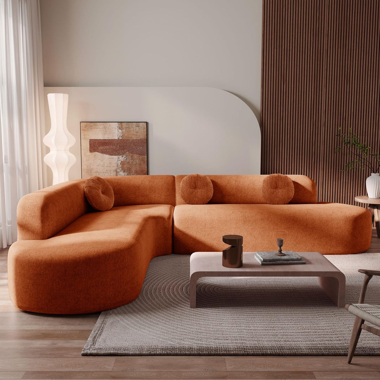 122'' Curved Sectional Cloud Sofa, Modern L Shaped Couch with Chaise & Pillows, Comfy Upholstered Deep Seat Compression Boneless Sofa for Living Room, Apatment, Office, No Assembly Required, Orange SLEERWAY