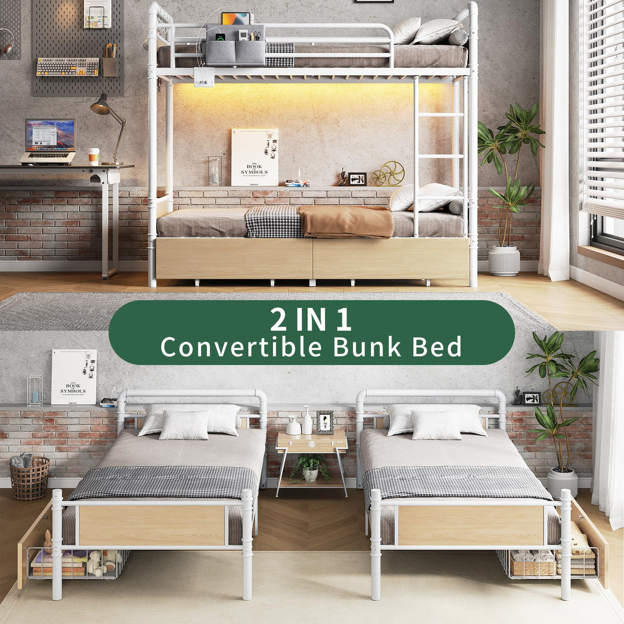 Jocoevol Metal LED Bunk Bed Twin Over Twin with 2 Storage Drawers, USB Charging Station, Industrial Bunkbeds Heavy Duty Bed with Safety Guardrail and Ladder, No Box Spring Needed, White Jocoevol