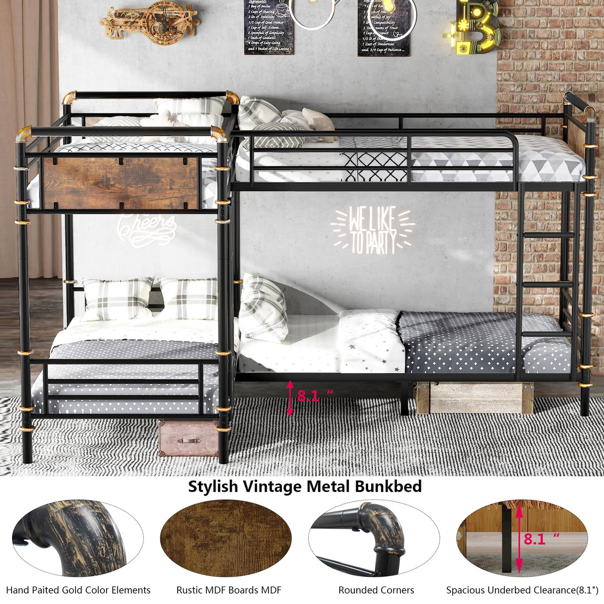 Aoowow Quad Bunk Bed Twin Over Twin,Industrial Bunk Bed for 4,Heavy Duty Bunk Beds for Adults,Boys,Girls,Teens,Vintage Wooden Metal Bunkbed into 3 Beds (Black, Quad Twin Bunk) Aoowow