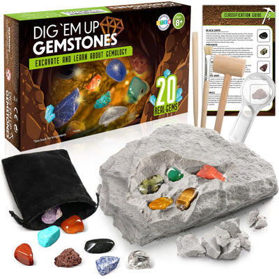 LotFancy Gemstone Dig Kit, Excavate 20 Real Gems, Science Kit for Kids Age 8-12, Educational Toy, Birthday Gift for Boys Girls with Mining Tools