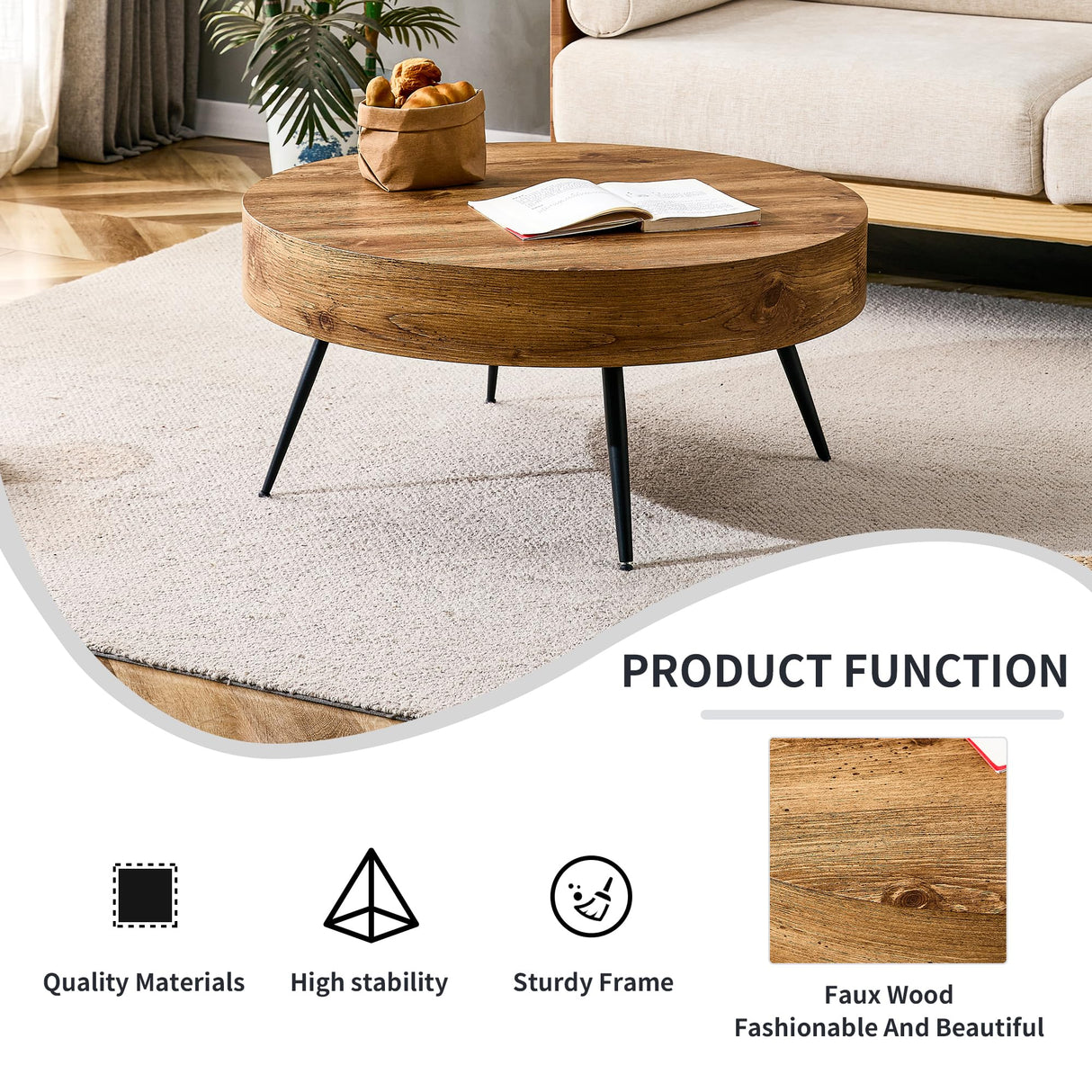 Btikita Wooden Coffee Table Modern Round Coffee Table Rustic Center Table with Metal Leg for Living Room Reception Room Office (Brown, Round) Btikita