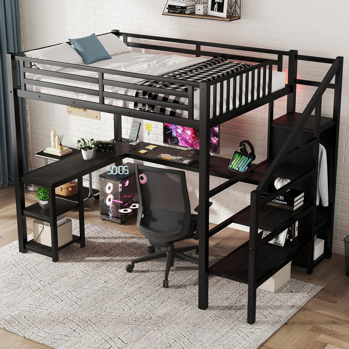 Loft Bed with Desk Full Size, Gaming Loft Bed with LED Light for Adults, Heavy-Duty Loft Beds Frame with Stairs & Wardrobe & Storage Shelves, Bunk Bed with Steps for Teens Boys Girls Room Dorm, Black Mirightone