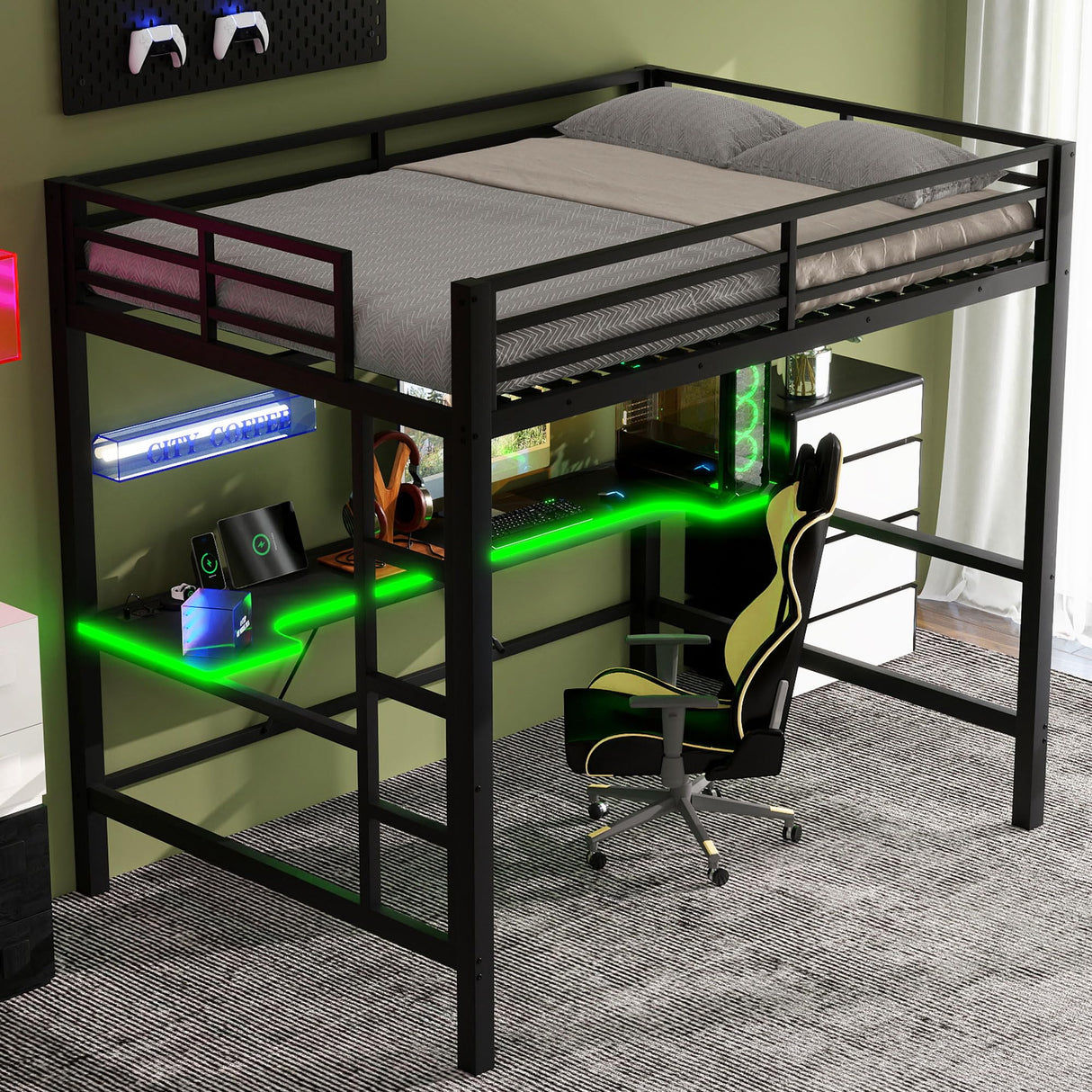 SOFTSEA Full Gaming Loft Bed with Desk & LED Lights, Heavy-Duty Metal Loft Bed with USB Charging Stations, Full Size Gaming Bed with Guardrails for Adults Kids Teens, Easy Assembly, Black SOFTSEA