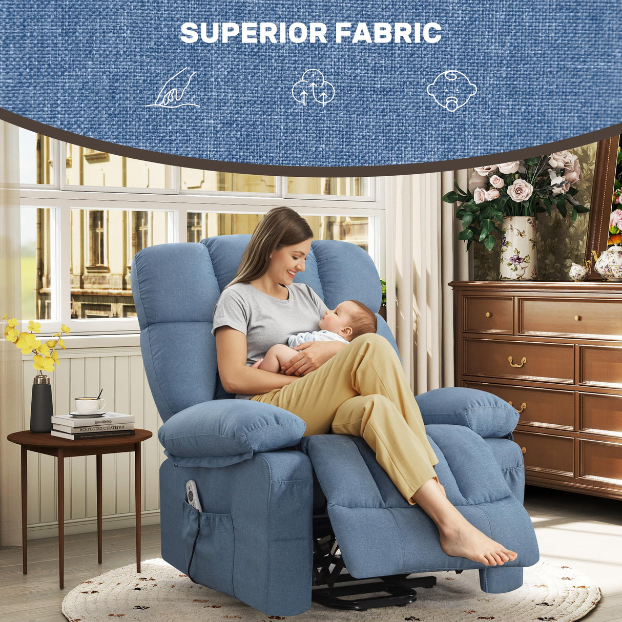 Sofetura Power Lift Recliner Chair with Vibration Massage&Heat for Elderly,Upholstered Breathable Fabric Lounge Chair with Side Pockets, USB Charge Port for Living Room,Only One Package,Blue Sofetura