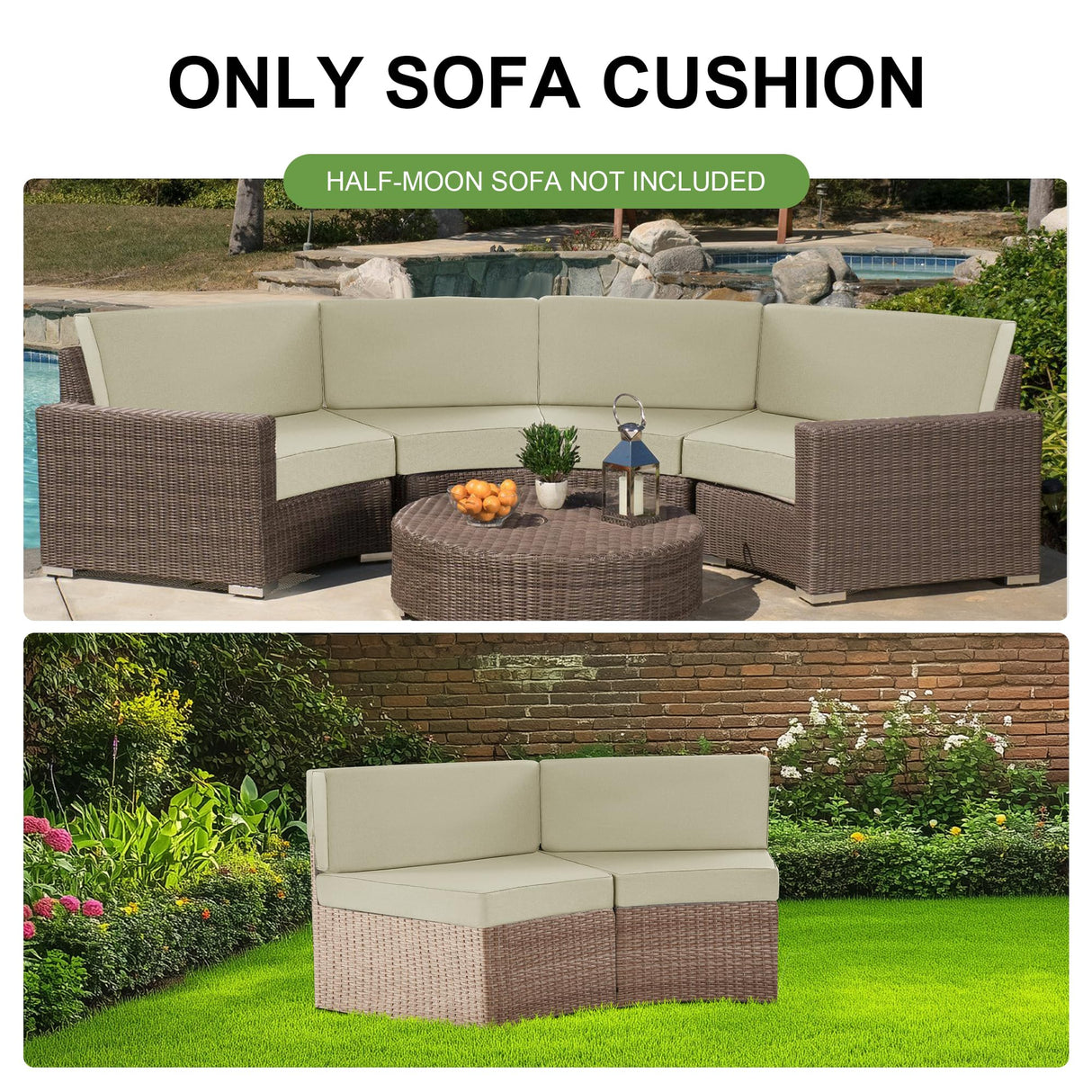MABOZOO 2-Piece Outdoor Curved Cushions for Half-Moon Patio Furniture, Premium Comfort Half-Moon Patio Cushion for Wicker Sectional Sofa (Beige) MABOZOO