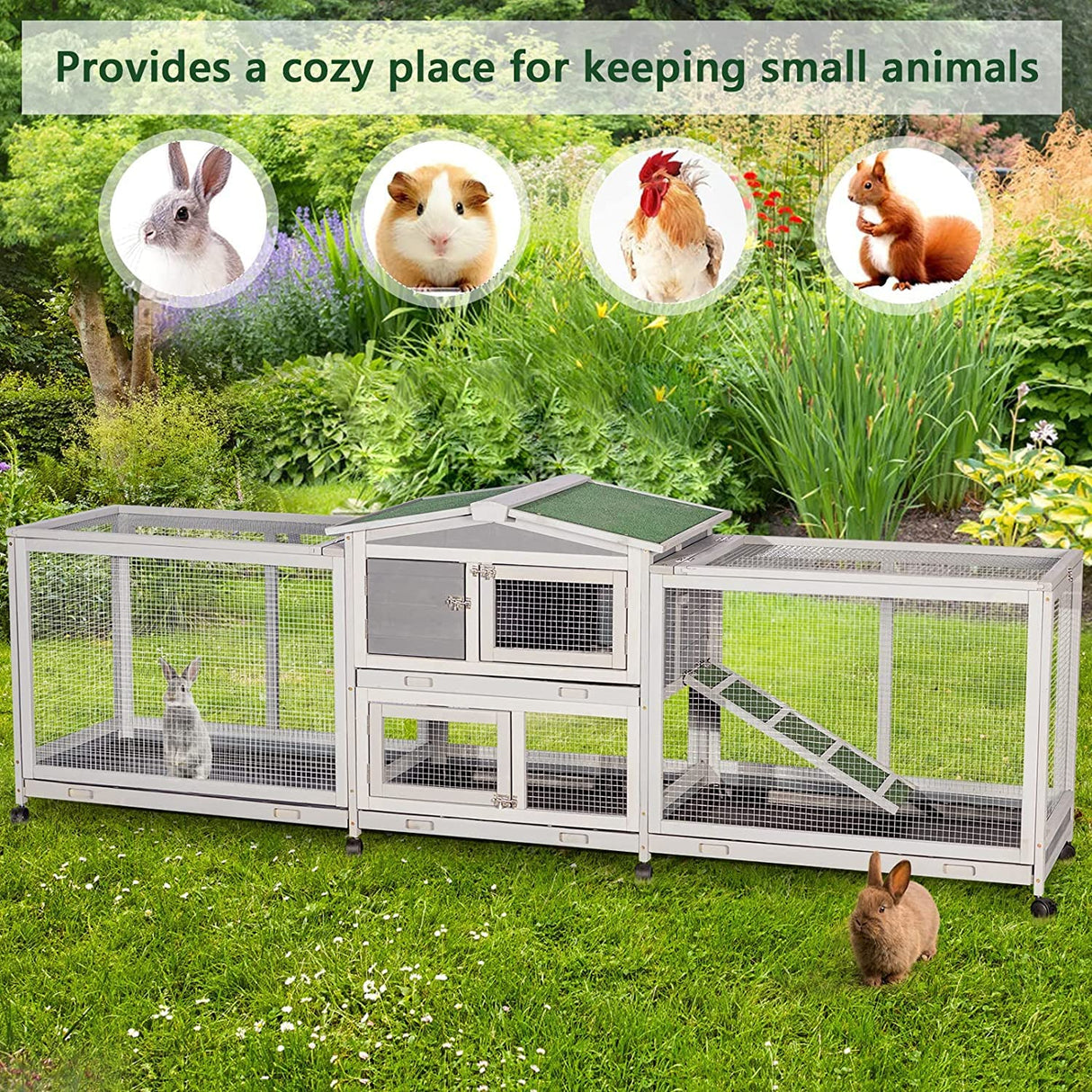 Esright 94.5'' Rabbit Hutch with 8 Wheels, Bunny Cage Two Run Rabbit Cage Outdoor Wooden Bunny Hutch Small Animal House with Removable Tray & Anti-Slip Ramp Esright