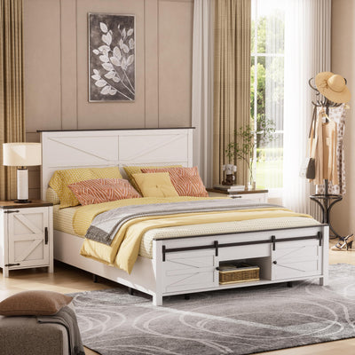 PAKASEPT Queen Size Farmhouse Wood Bed Frame with Sliding Barn Door and Ample Storage