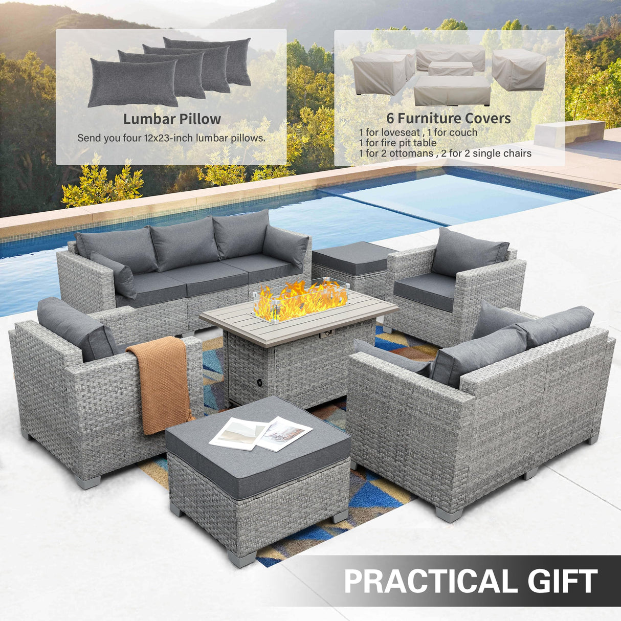 WAROOM Patio Furniture Set Gray Rattan 7 Pieces Outdoor Sectional Sofa PE Wicker Conversation Chairs with Propane Fire Pit Table and Non-Slip Thick Grey Cushion WAROOM