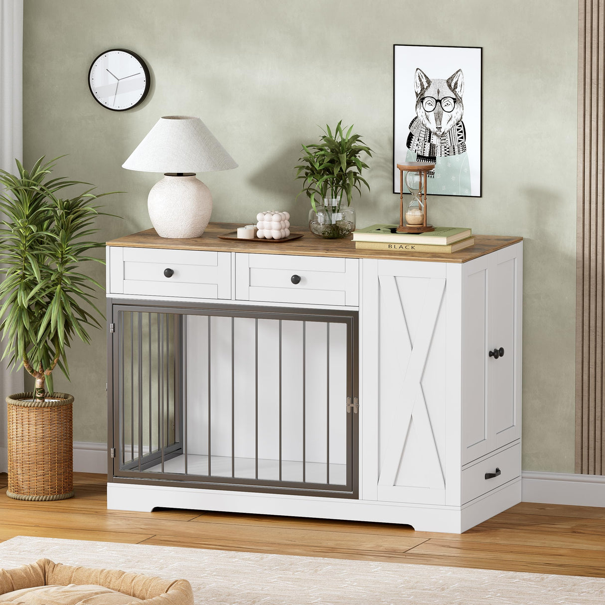 PAKASEPT Dog Crate Furniture, Dog Crate for Small to Large Dogs with Storage Cabinet and Feeder, Dog Kennel Furniture with Double Doors for Small/Medium/Large Dog (White) PAKASEPT