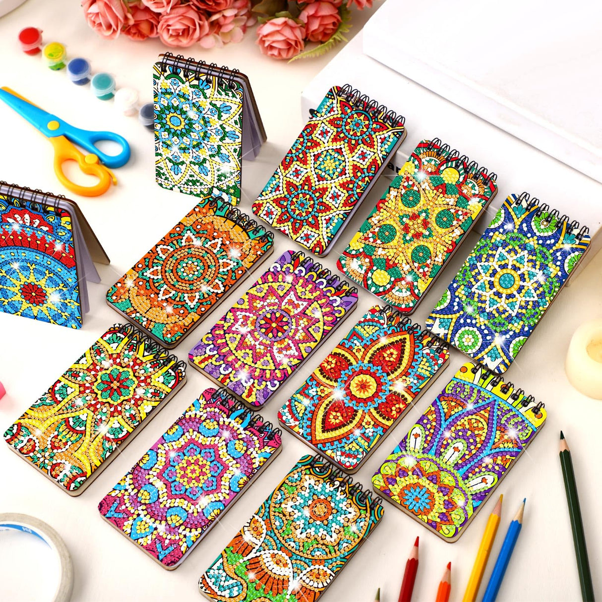 Fuyoooo 12 Pcs Mandala Diamond Painting Notebook DIY Mandala Cover Notebook Diamond Art Kits Notepad 5D Flower Diamond Journal Art Accessories for Adults Crafts Diamond Sketchbook with Tools Gift Fuyoooo