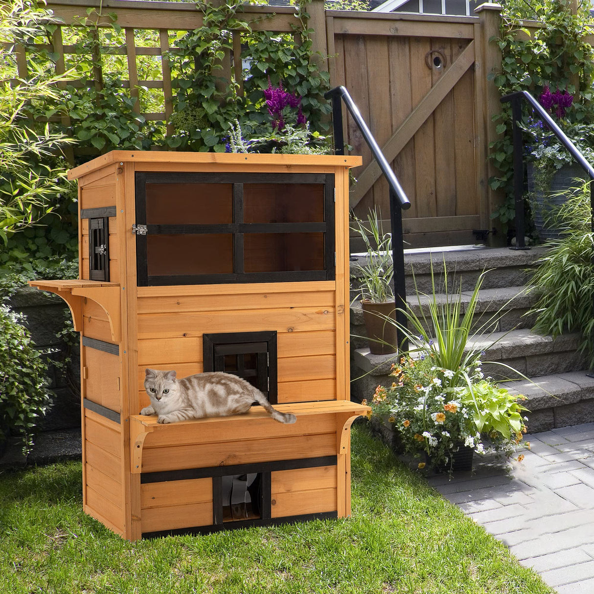 PawHut 3-Story Cat House Feral Cat Shelter, Outdoor Kitten Condo with Raised Floor, Asphalt Roof, Escape Doors, Jumping Platforms, Yellow PawHut