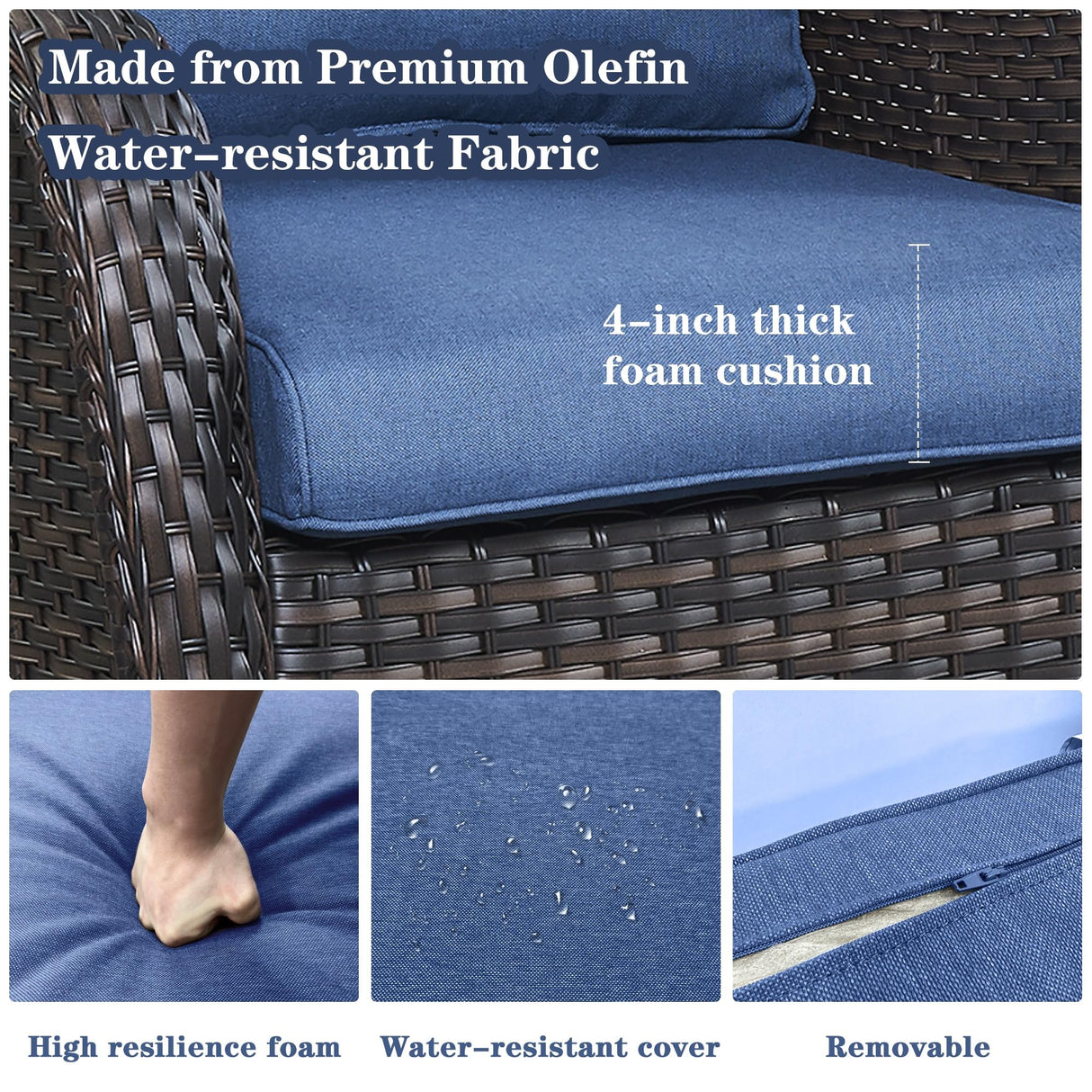 Belord Wicker Outdoor Furniture Patio Furniture Set - 6 Piece Patio Conversation Set with Swivel Rocker Chairs, Rattan Sofa, Ottomans and Coffee Table, Blue Cushion Belord