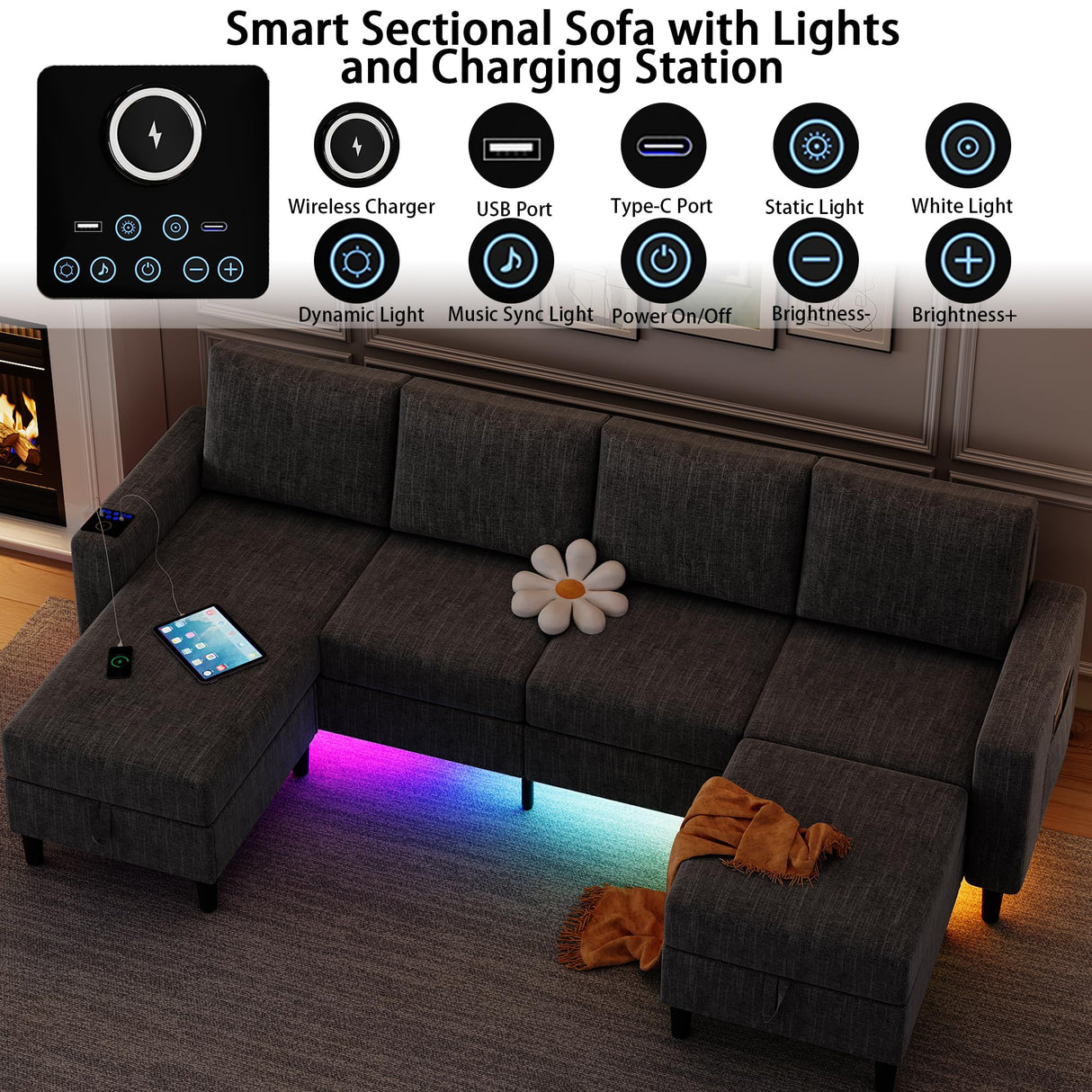 HYZQ Sectional Couches for Living Room, 4 Seat Linen Sectional Sofa with Reversible Chaise Lounge/Storage Ottoman, U Shaped Couch with Smart Module-Wireless Charging/USB/Type-C/RGB Light (Dark Grey) HYZQ