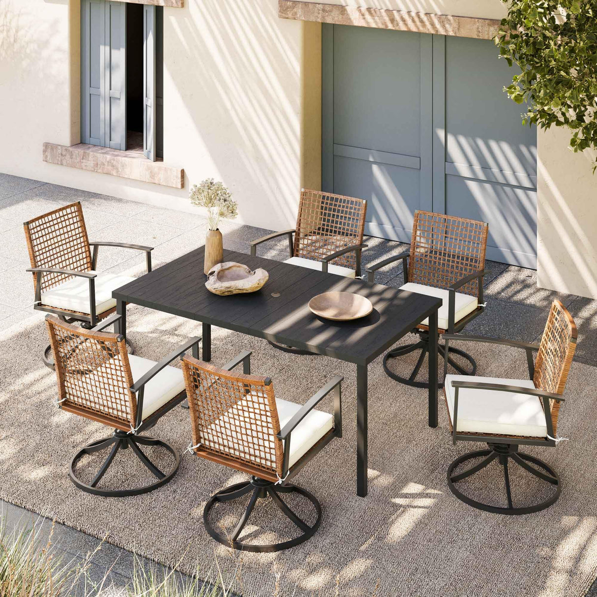 LAUSAINT HOME 7 Pieces Patio Dining Set, Outdoor Furniture Set of 6 Swivel Chairs with Soft Cushion and Iron Slats Table Top with Umbrella Hole, Conversation Set for Backyard LAUSAINT HOME