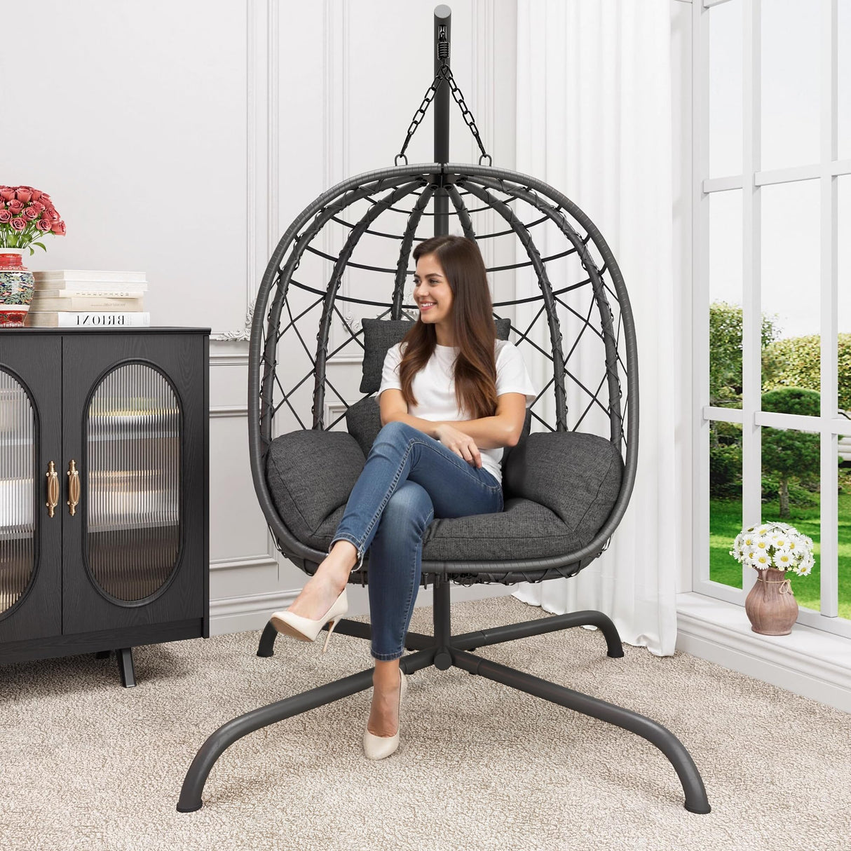 Hanging Egg Chair with Stand Patio Wicker Rattan Swing Chair Hammock Egg Chair for Indoor & Outdoor 400lbs Capacity with Thickened Cushion for Bedroom Balcony Garden TQKVIPI