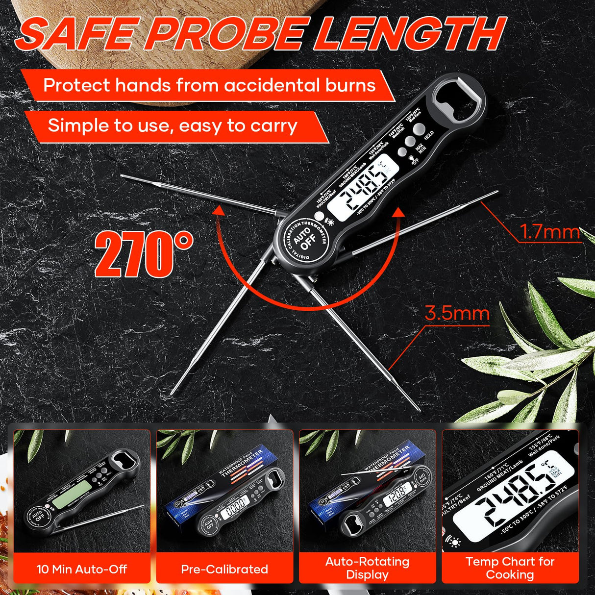 Instant Read Meat Thermometer Digital for Cooking and Grilling, Kitchen Food Thermometer with Foldable Probe Large Backlight Screen & Calibration for BBQ, Smoker, Air Fryer, Oil Fry, Turkey, Beef kejector