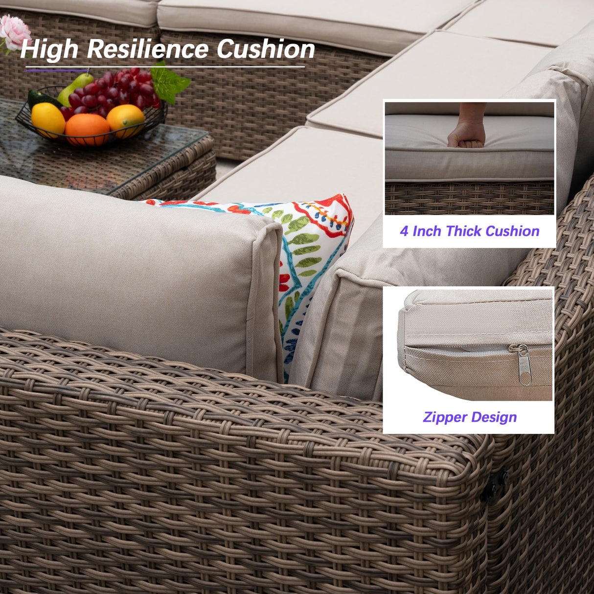 7 Piece Patio Furniture Set, Outdoor Couch Set—All-Weather Outdoor Furniture Sectional w Water Resistant Thick Cushions, Patio Sofa Set w 2 Extra Pillows and Coffee Table (Beige & Brown, 7PCS) Naga Bahna