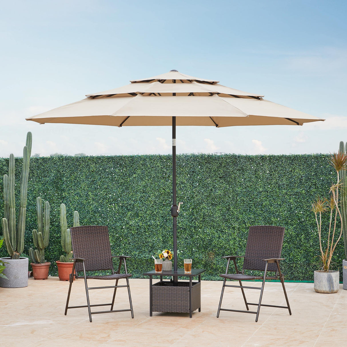 Yaheetech 3-Tier Patio Umbrella 10ft Vented Outdoor Canopy Sun Shade Large Market Table Umbrella Double-layer Cloth & Push-button Tilting for Yard/Garden/Park Tan Yaheetech
