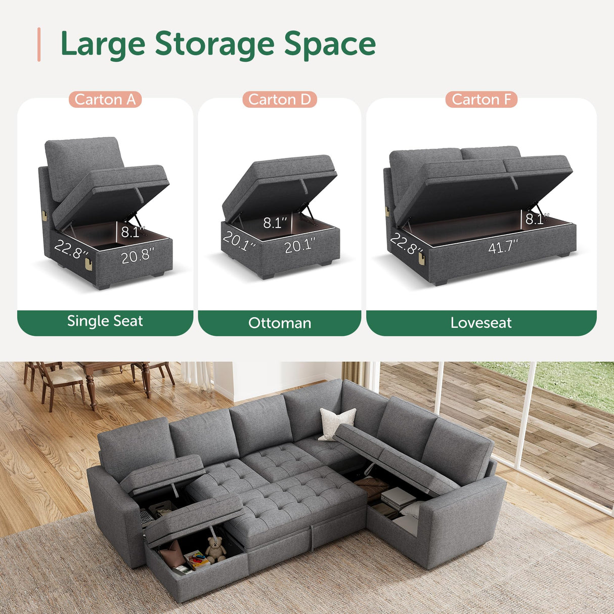 HONBAY Modular Sectional Sleeper Sofa with Pull Out Bed, Convertible L Shaped Sectional Couch with Storage Seat, Sectional Couches for Living Room,Grey HONBAY