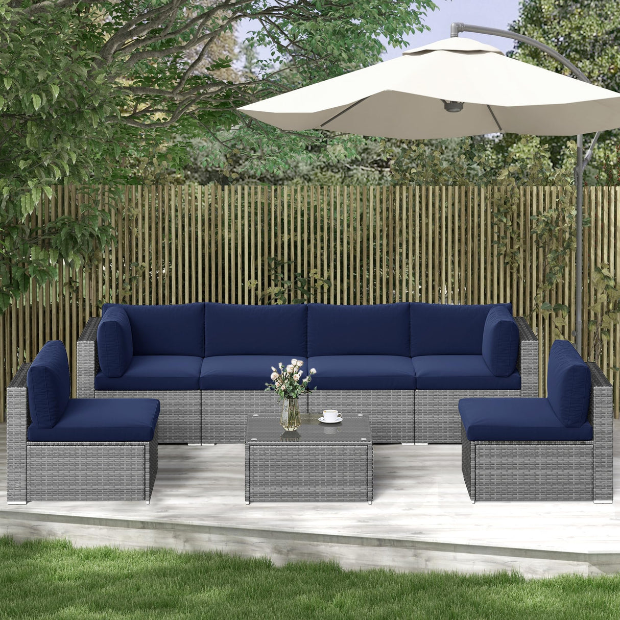 SUNVIVI OUTDOOR 7 Piece Patio Furniture Sets All Weather Grey PE Wicker Couch Sofa with Glass Table, Removable Navy Blue Cushions SUNVIVI OUTDOOR
