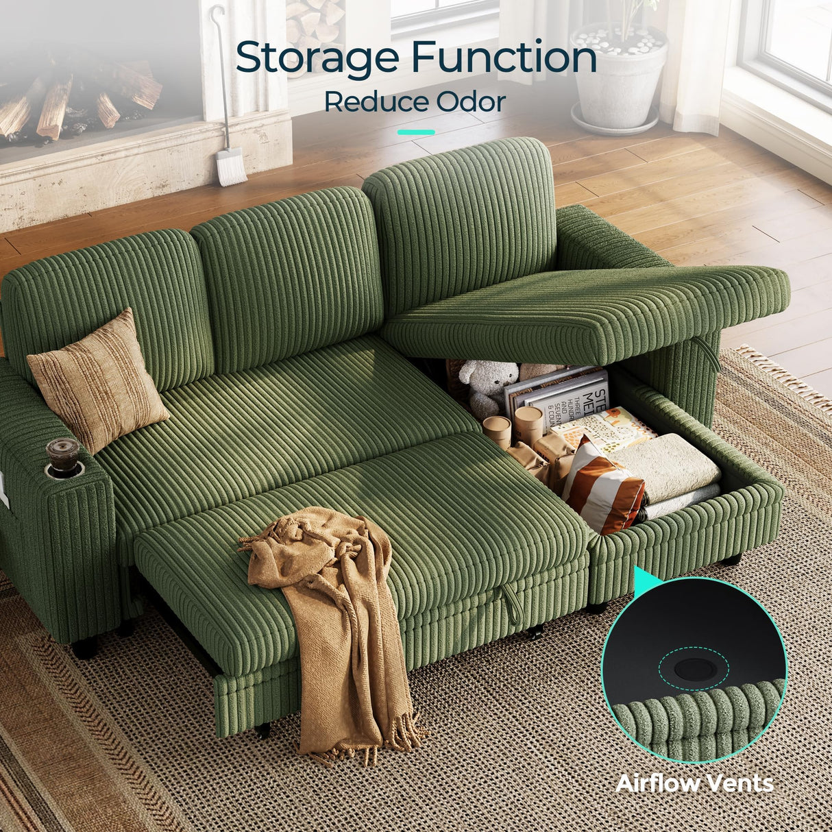 LINSY HOME Sectional Sleeper Sofa with Pull Out Couch Bed Convertible Plush Corduroy Cloud Couch with Storage Chaise & USB Charging, Comfy L Shaped Modular Couches for Living Room Apartment (Green) LINSY HOME