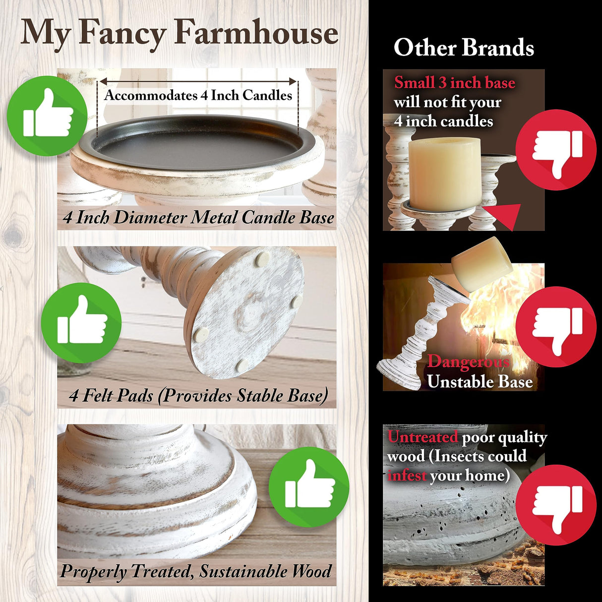 Wood Candle Holders for Pillar Candles (Set of 3) Tall Large Rustic Pillar Candlestick Stands - Fits Both 4 inch and 3 inch Wide Pillar Candles - Modern Farmhouse Decor (Antique White) My Fancy Farmhouse