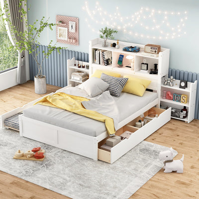 Full Size Storage Bed with Bookcase Headboard and Trundle, Wood Platform Bed Frame with Charging Station, Pull Out Shelves and Drawers for Kids Teens Adults, No Box Spring Needed,White