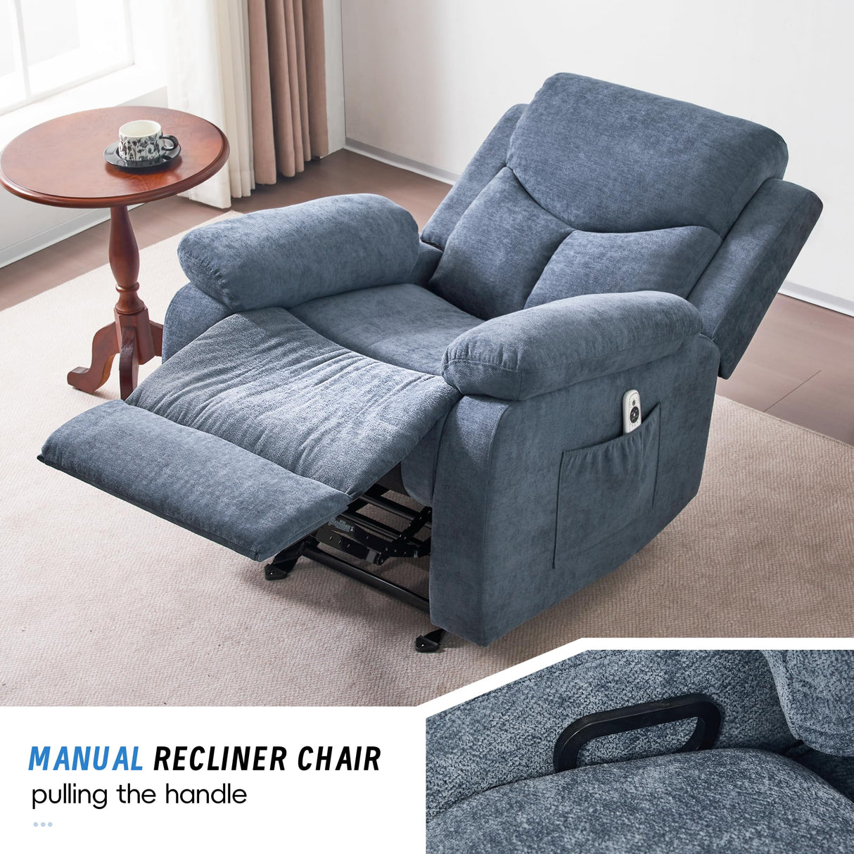 Sftaiyou Manual Rocker Recliner Chair for Adults with Vibration Massage,Glider Rocking Recliner Chairs for Living Room Bedroom Overstuffed Soft Reclining Sofa Chair with Pockets(Blue) Sftaiyou