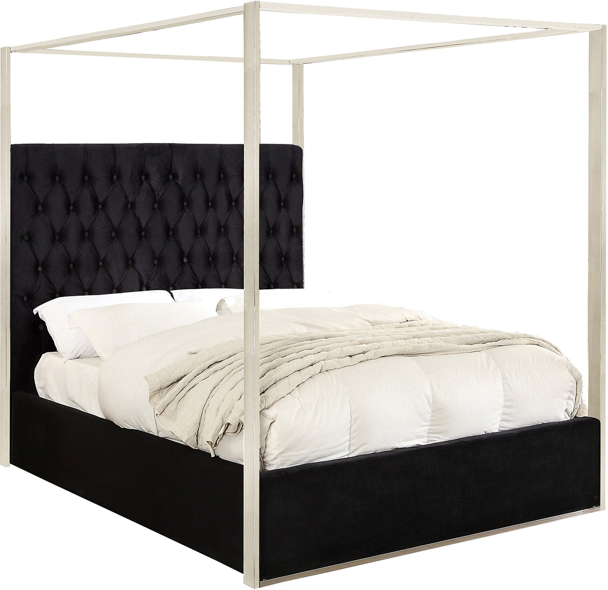 Meridian Furniture Porter Collection Modern | Contemporary Velvet Upholstered Bed with Deep Detailed Tufting and Chrome Canopy, Black, Queen Meridian Furniture