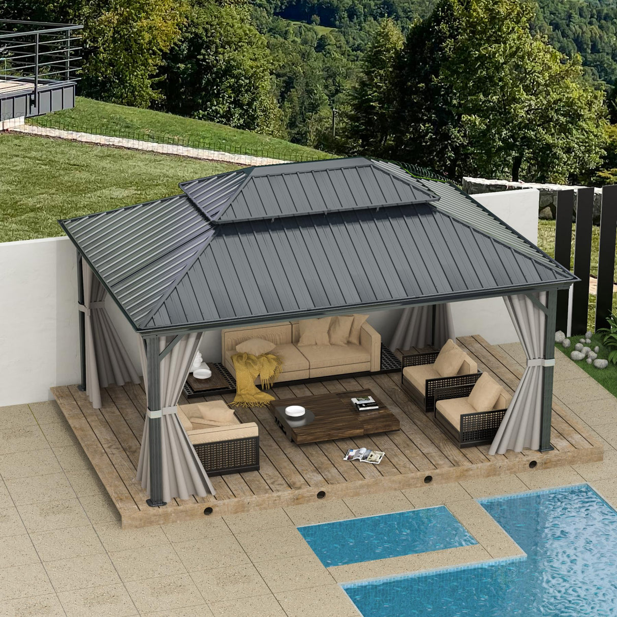 Domi 12'x16' Hardtop Gazebo Canopy,Outdoor Aluminum Gazebo with Galvanized Steel Double Roof,Permanent Gazebo with Drainage System,Curtain and Netting Included,Grey domi outdoor living