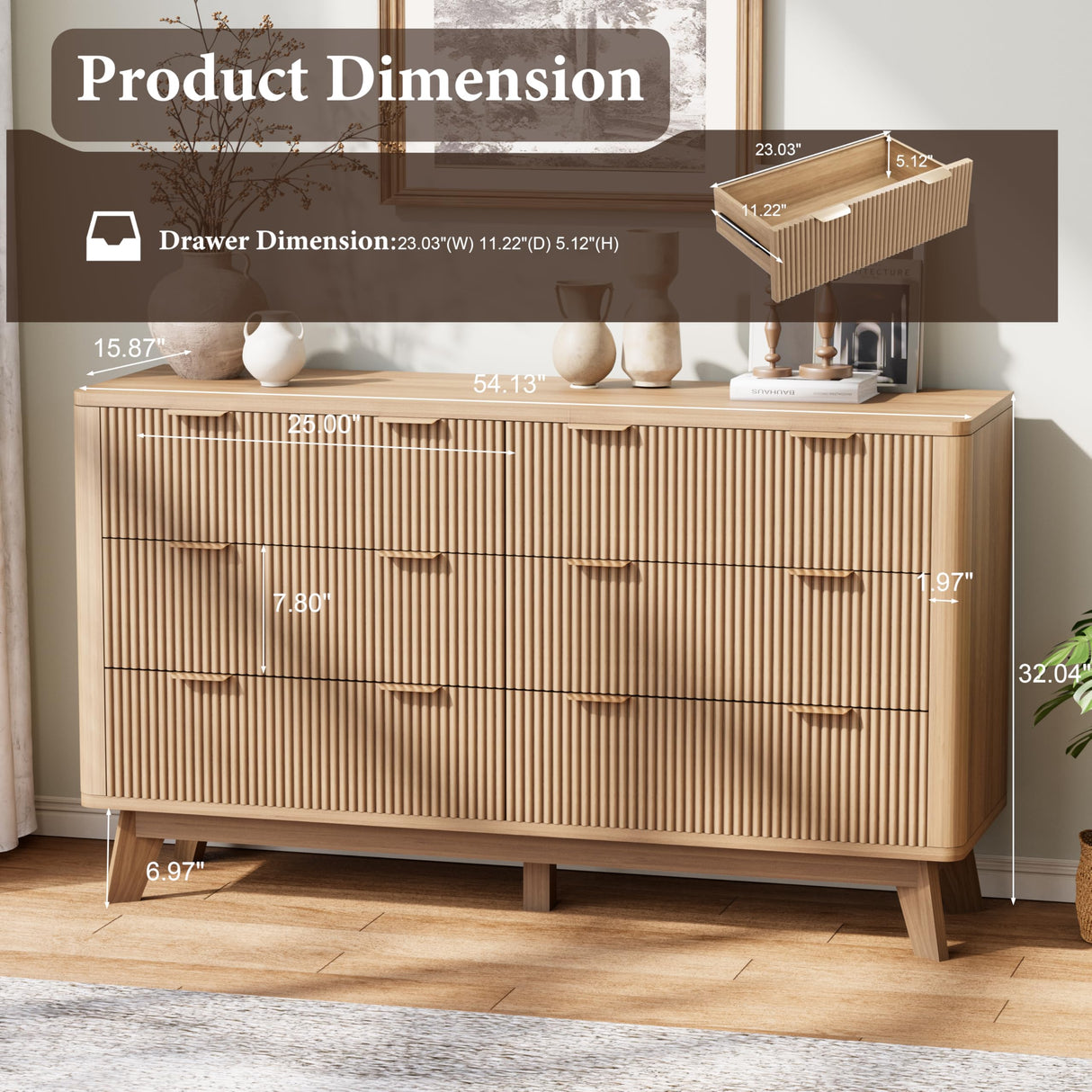 Royal Windsor 6 Drawer Dresser with Fluted Panel, Modern Chest of Drawers for Living Room, Wide Wooden Closet Dresser TV Stand with Ample Storage Space for Bedroom and Hallway, Natural Oak Royal Windsor