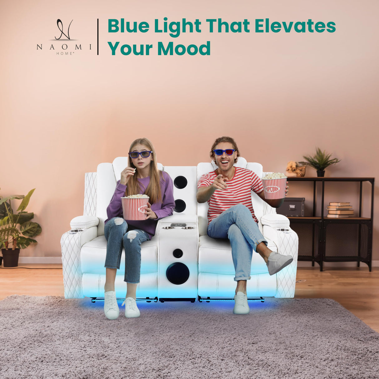 Home Theater Seating, Gaming Chairs for Adults, Wireless Charging Movie Theater Chairs, Power Recline Loveseat with 6 Cup Holders and Tray, Powerful in-Built Speaker, USB Ports, Air Leather – White Naomi Home