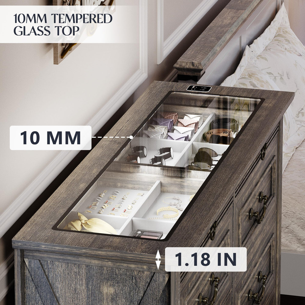 Lareth Farmhouse 6 Drawer Dresser for Bedroom 47 inch Wooden Double Chest of Drawers with Glass Top LED Light Charging Station One Secret Drawer Bedroom Closet Dresser Tv Stand for Living Room, Brown Lareth