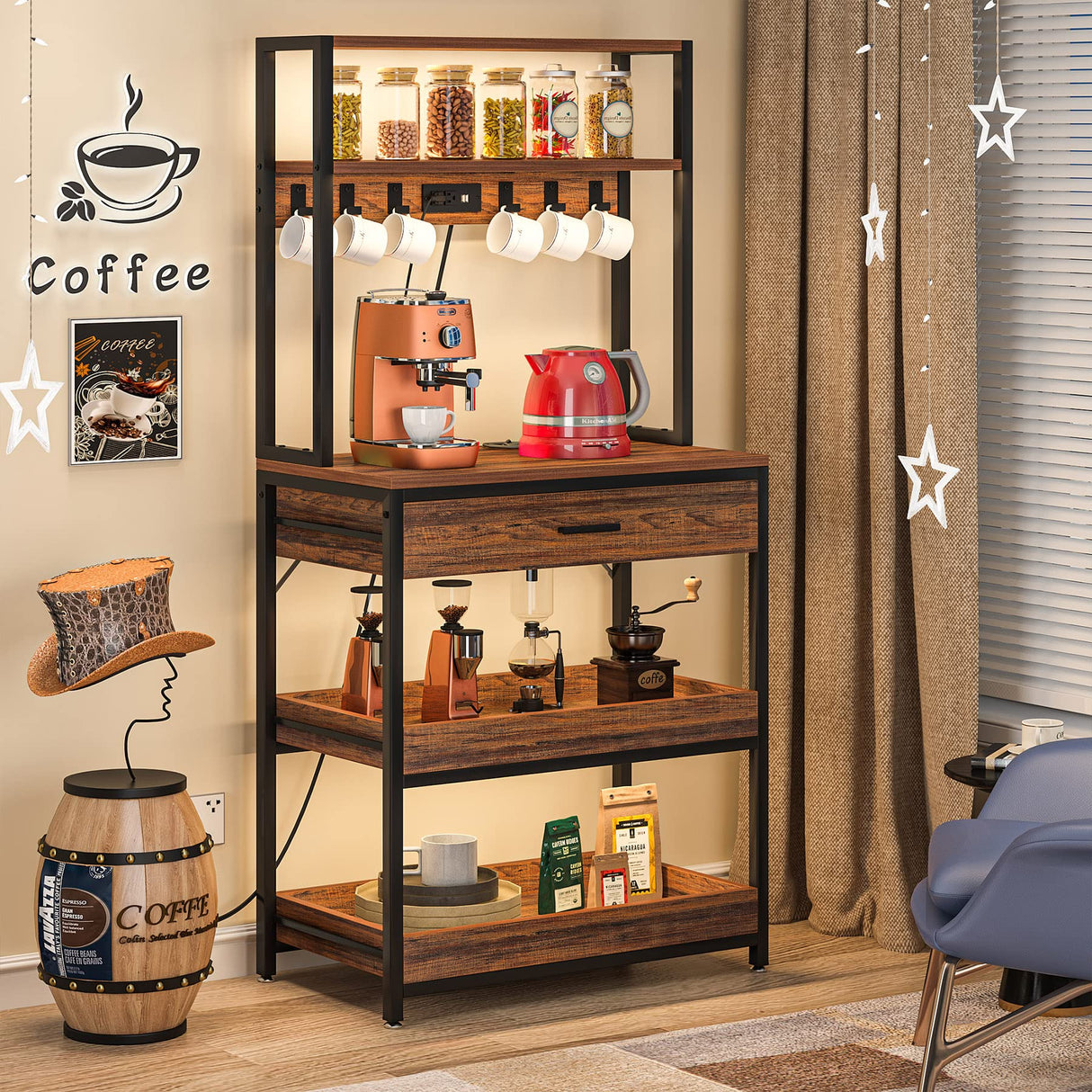 Tribesigns Rustic Brown 5-Tier Kitchen Bakers Rack with Power Outlets and Drawers Tribesigns