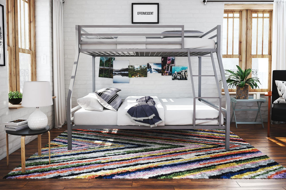 Novogratz Maxwell Metal Bunk Bed Frame for Kids and Teens, with Angled Ladder, High Guardrail and Metal Slats, No Boxspring Required, Underbed Storage Space, Twin-Over-Full, Gray Novogratz