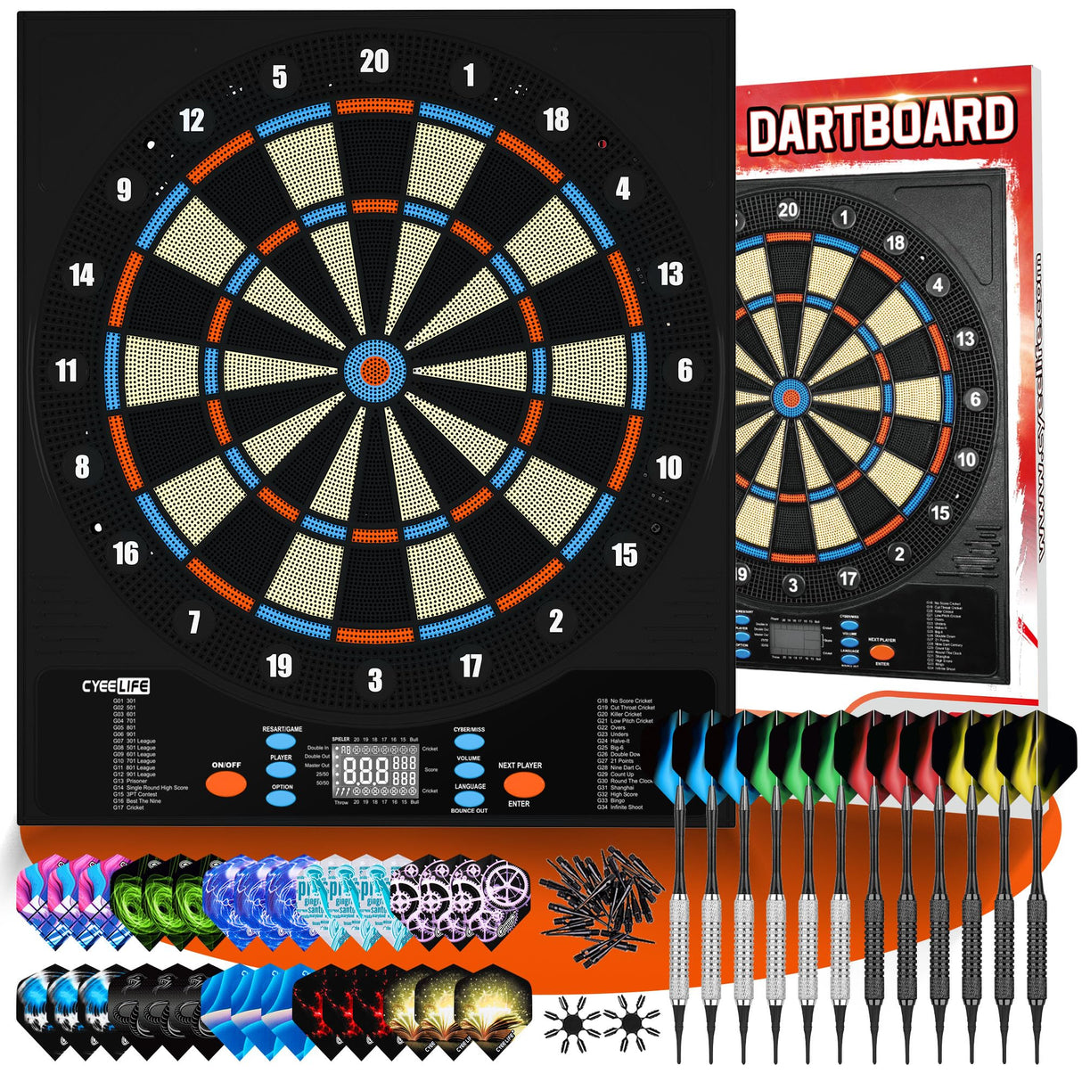 CyeeLife Electronic Dartboard&12 Soft Darts,8 Players&34 Games&255 Variations,Battery/Adapter/3 Languages Switching for Professional Dart Games CyeeLife