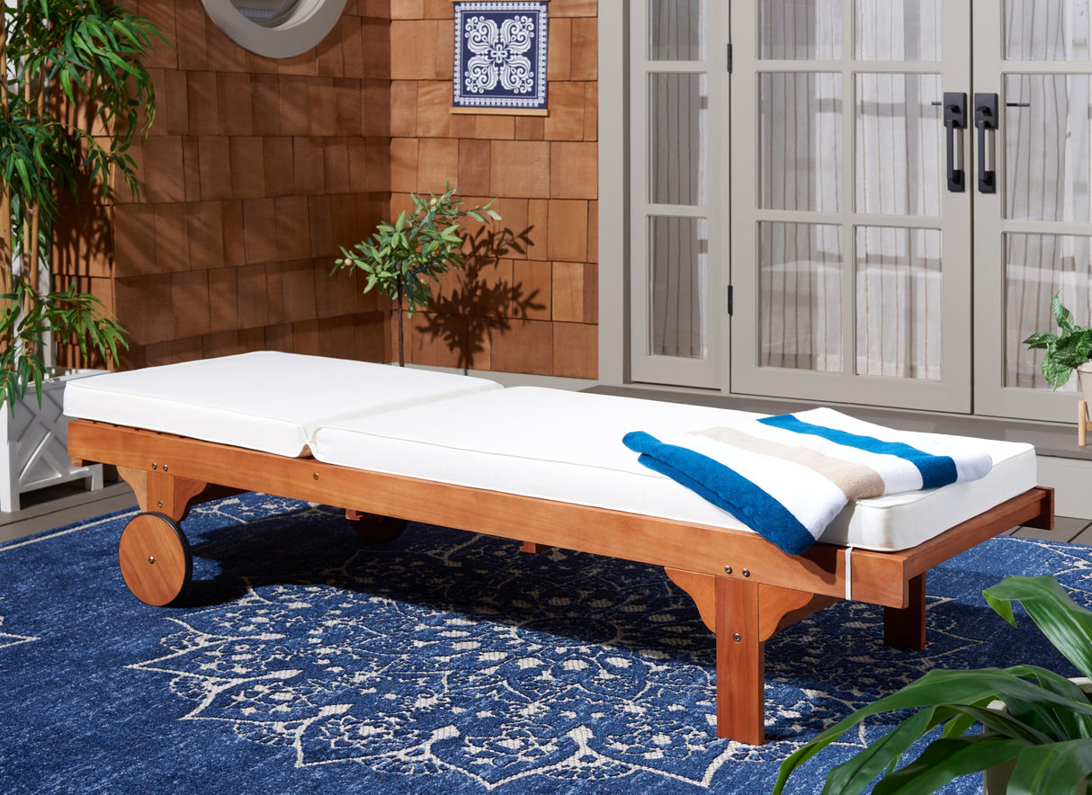 SAFAVIEH Outdoor Collection Newport Natural/ Beige Cushion Built-in Side Table Adjustable Chaise Lounge Chair Safavieh