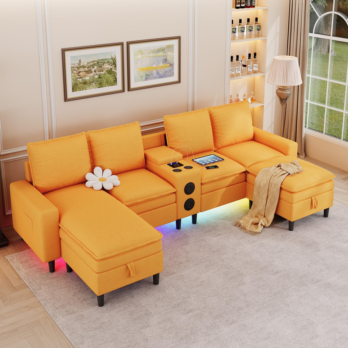 HYZQ Sectional Couches for Living Room, 4 Seat Sectional Sofa with Smart Module-Bluetooth Speaker/RGB Light/Charging Station, Teddy Fleece U Shaped Cloud Couch with Storage Ottoman (Yellow) HYZQ
