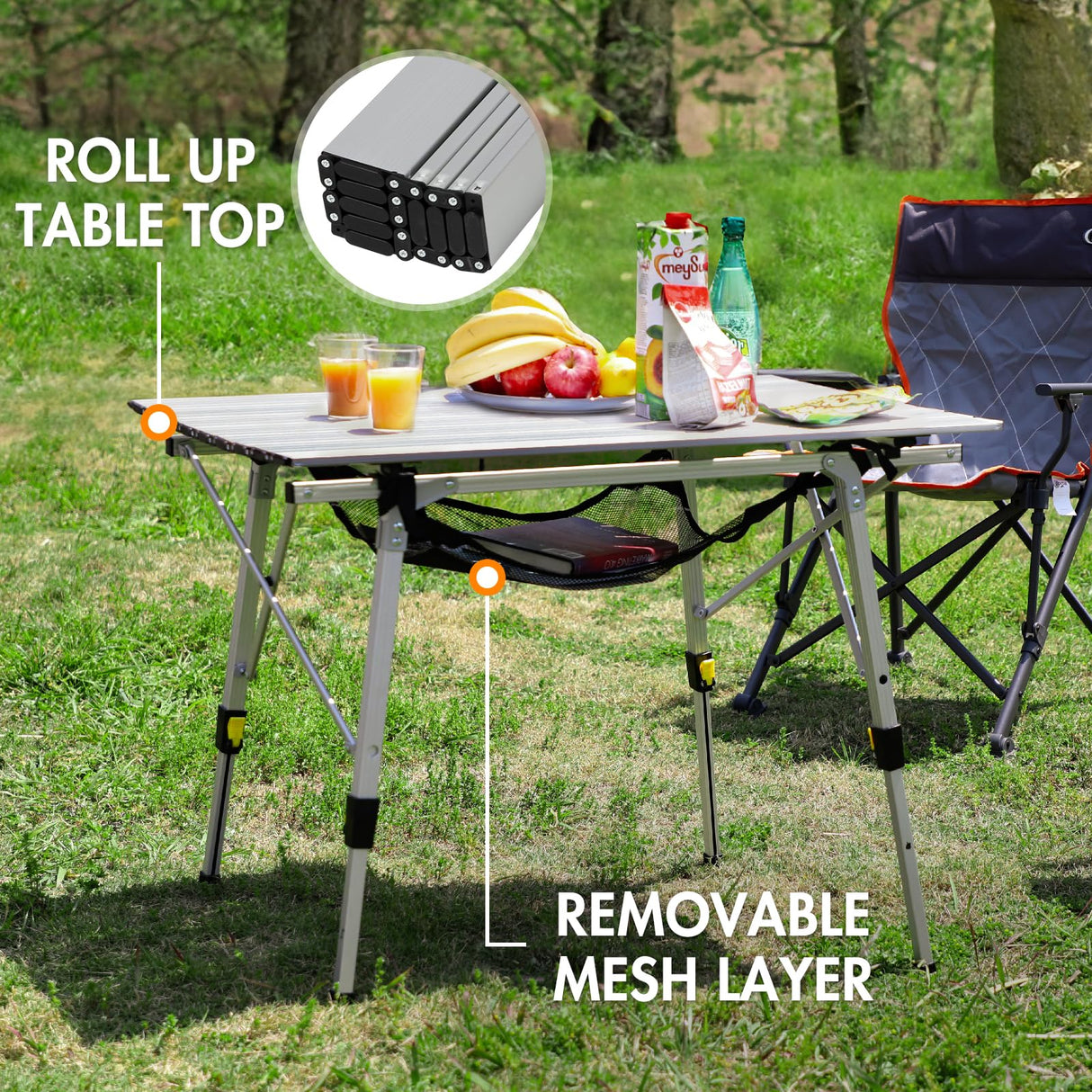 PORTAL Outdoor Folding Portable Picnic Camping Table with Adjustable Height Aluminum Roll Up Table Top Mesh Layer, Silver PORTAL