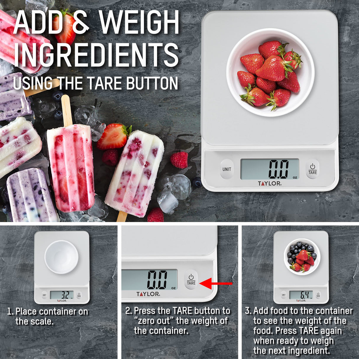 Taylor Glass Top Food Scale with Touch Controls, 11 lb Capacity, Sleek Silver Design, Accurate and Easy-to-Use Scale for Cooking and Baking Taylor