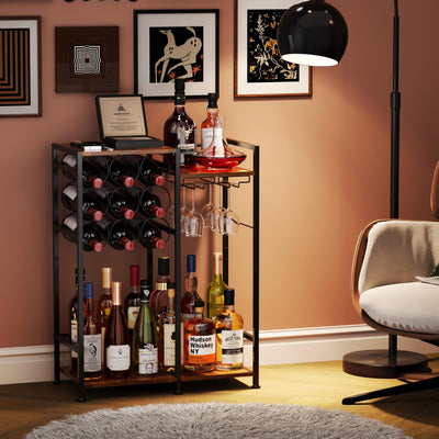 Freestanding Liquor Cabinet with 9-Bottle for Home Bar, Versatile Wine Rack Freestanding Floor with Glass Holder and Fences, Mini Bar Table Liquor Whiskey Display Large-Capacity Corner Wine Cabinet