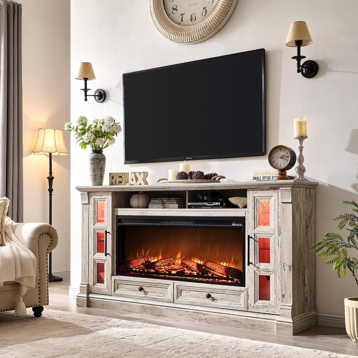 OKD TV Stand with Fireplace for up-to-80 TV, Farmhouse 72" Entertainment Center with 42" Electric Fireplace, TV Console with Glass Door Cabinets & Drawers for Living Room, Antique Brush White OKD