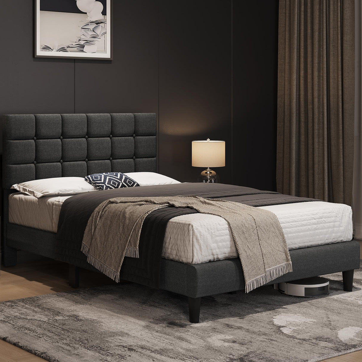 Yaheetech Upholstered Bed Frame, Modern Full Bed Platform with Square Stitched&Button Tufting Headboard Height Adjustable, Wooden Slats Support, No Box Spring Needed, Full Size, Dark Gray Yaheetech