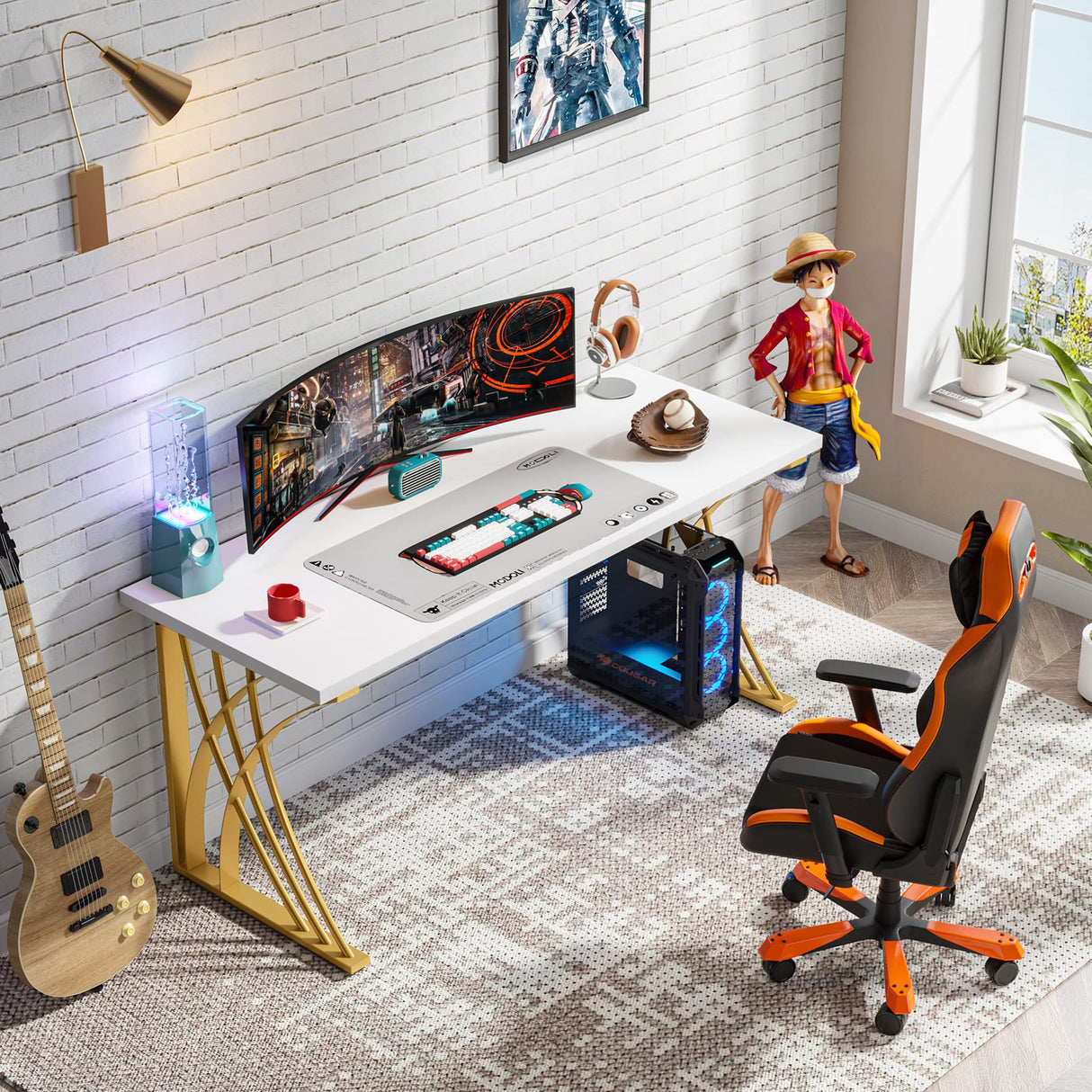 Tribesigns 55’’ Large Modern Computer Desk, White & Gold Luxury Laptop PC Student Table, Makeup Vanity Table with Thick Frame & Strong Legs, Sturdy Writing Workstation for Home & Office Tribesigns