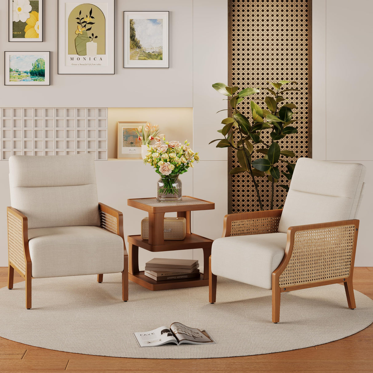 Aklaus Mid Century Accent Chair with Rattan Armrest, Upholstered Living Room Chairs Lounge Fabric Reading Chairs Side Sitting Farmhouse Chair for Living Room, Bedroom, Balcony, Beige Aklaus